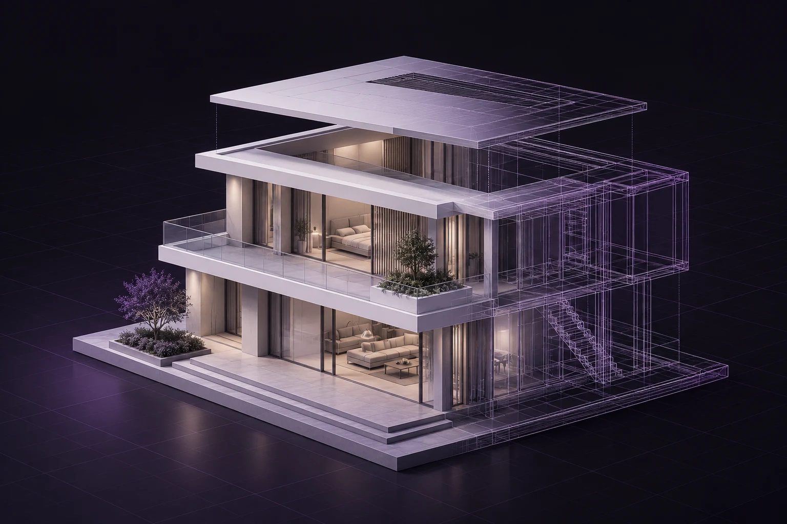 Maison architecturale en volume, prolongée par un dessin filaire violet
